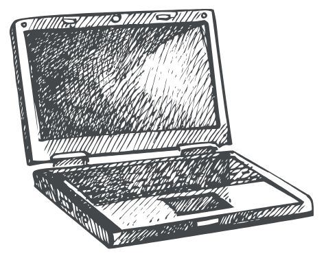 Schwarz-weiße Zeichnung eines geöffneten Laptops - symbolisch für digitale Services bei Ihrem Bestatter Düsseldorf, Bestattung Düsseldorf.