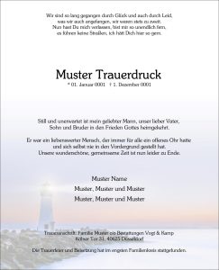 Traueranzeige mit stilvollem Leuchtturmmotiv im unteren Bereich, gestaltet von Vogt & Kamp Bestatter Düsseldorf. Die Anzeige drückt Anteilnahme für einen Verstorbenen aus und bietet Platz für individuelle Namen und Angaben zur Beerdigung in Düsseldorf.