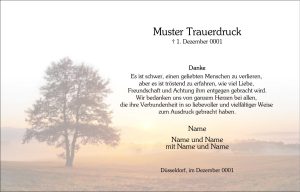 Trauerkarte mit einem stimmungsvollen Baum in einem nebligen Feld auf der linken Seite; rechts ein professionell gestalteter, deutschsprachiger Dankestext für die bekundete Anteilnahme sowie die Namen der Angehörigen. Diese Trauerkarte spiegelt die würdevolle Begleitung durch Vogt & Kamp Bestattungen wider – Ihr erfahrener Bestatter in Düsseldorf für individuelle und einfühlsame Bestattungen in Düsseldorf.