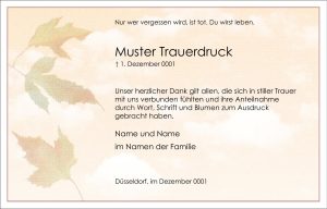 Trauerkarte mit herbstlichen Blättern und einer stilvollen Danksagung für die gezeigte Anteilnahme und Unterstützung, gestaltet von Vogt & Kamp Bestattungen in Düsseldorf. Die Karte bietet Platz für Namen sowie persönliche Botschaften und bezieht sich auf eine Beerdigung in Düsseldorf.