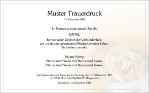 Traueranzeige für eine Beerdigung in Düsseldorf mit einer stilvollen Rose im Hintergrund und einem Dank der Familie für die bekundete Anteilnahme. Die Karte enthält Platzhalter für Namen sowie Angaben zur Trauerfeier in Düsseldorf und wurde professionell von Vogt & Kamp Bestattungen, Ihrem erfahrenen Bestattungsunternehmen in Düsseldorf, gestaltet.