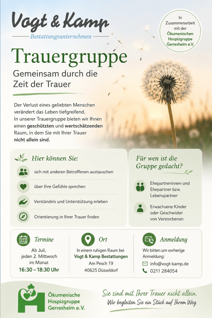 Flyer von Vogt & Kamp Bestattungsunternehmen Düsseldorf: Trauergruppe, Löwenzahn-Motiv, Kontakt für Bestattungen in Düsseldorf und Unterstützung.