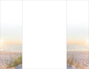 Ein ruhiger Strand bei Sonnenuntergang mit sanften Wellen, einem sandigen Ufer und grünem Strandgras im Vordergrund. Der Himmel ist in sanften Orange- und Gelbtönen getaucht. Im Zentrum befindet sich ein großer weißer Bereich. Diese stimmungsvolle Szene vermittelt bei Vogt & Kamp Bestattungen Düsseldorf symbolisch Trost und Abschied und steht beispielhaft für eine würdevolle Bestattung in Düsseldorf.