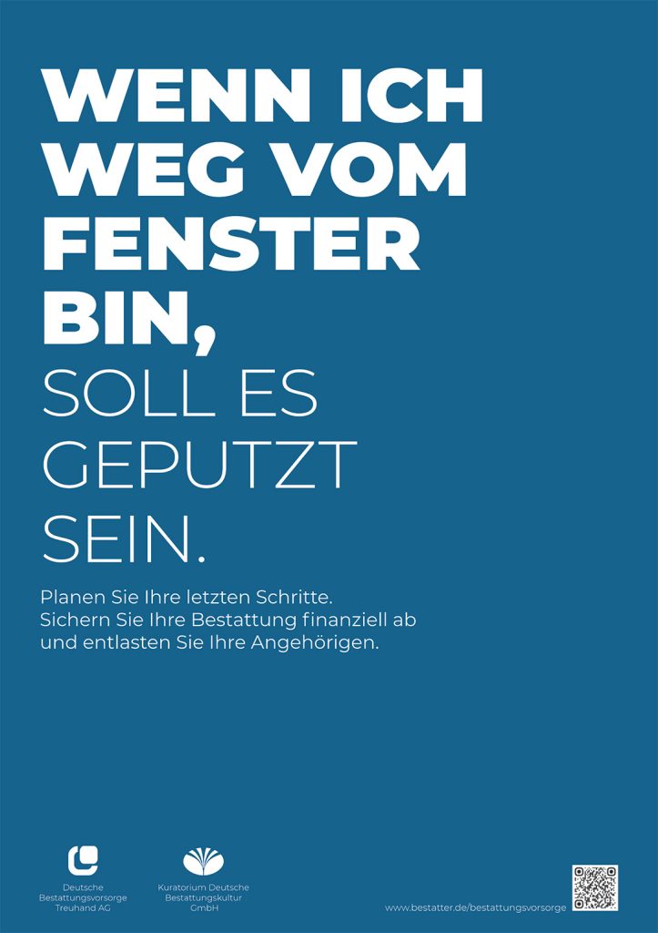Blaues Plakat von Vogt & Kamp Bestattungen Düsseldorf mit Slogan und Informationen zur Bestattung in Düsseldorf; Logos und QR-Code unten.