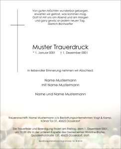 Eine stilvolle, auf Deutsch gestaltete Todesanzeige mit Kreuzsymbol, Namen und Daten des Verstorbenen sowie einem Zitat von Dietrich Bonhoeffer. Die Anzeige informiert übersichtlich über die Trauerfeier von Vogt & Kamp Bestattungen Düsseldorf und enthält Angaben zu Ort, Uhrzeit und Adresse der Beisetzung in Düsseldorf. Das minimalistische Layout vermittelt Anteilnahme und Professionalität – passend für ein Bestattungsunternehmen in Düsseldorf.