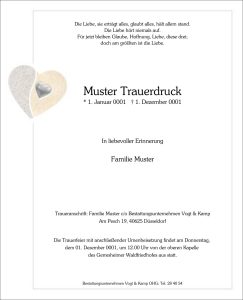Traueranzeige im Stil von Vogt & Kamp Bestattungen Düsseldorf: Auf weißem Hintergrund sind ein Herzmotiv und ein Kreuz abgebildet, ergänzt durch einen professionellen Text in Schwarz mit Angaben zum Verstorbenen, dem Datum, der Familie sowie Informationen zur Trauerfeier und der Anschrift des Bestattungsunternehmens. Das Design unterstreicht die professionelle Betreuung durch Ihren Bestatter in Düsseldorf – für eine persönliche und würdevolle Beerdigung in Düsseldorf.