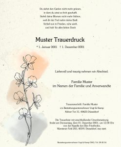 Traueranzeige mit stilvoller Blumenillustration und dezentem pastellfarbenem Hintergrund, gestaltet von Vogt & Kamp Bestattungen Düsseldorf. Die Karte enthält alle wichtigen Informationen zum Verstorbenen und zur Trauerfeier – eine würdevolle Gestaltung für eine Beerdigung in Düsseldorf durch Ihren vertrauenswürdigen Bestatter in Düsseldorf.