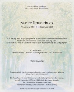Auf einer dezent gestalteten Todesanzeige mit hellem Hintergrund sind in schwarzer Schrift die persönlichen Nachrufe, Lebensdaten und Informationen zur Beisetzung eines Verstorbenen zu finden. Die detailreiche Gestaltung vermittelt einen würdevollen Eindruck einer Beisetzung in Düsseldorf, wie sie vom Bestattungsunternehmen Vogt & Kamp Bestattungen durchgeführt wird.